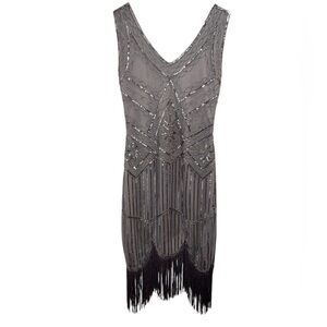 BABEYOND 1920s Gray Sequin Beaded Fringe Flapper Dress Gatsby Party Size Medium